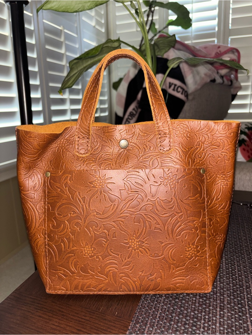 Portland Leather mini Embossed Floral Tote in Meadow